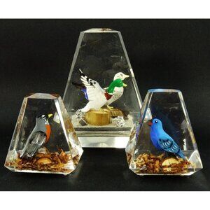 Vintage MCM Clear Lucite Prism Paperweight Lot Birds Canada Wood Carved